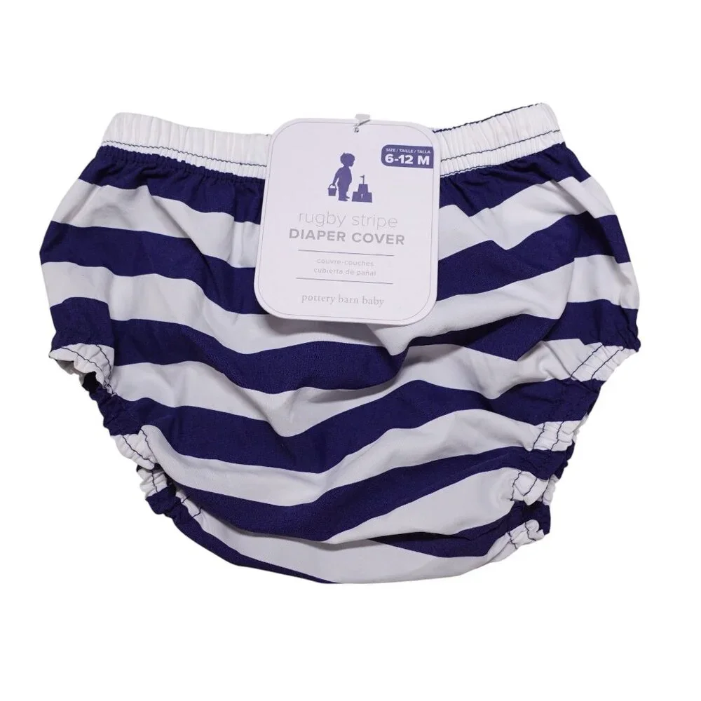 NWT Pottery Barn Kids Diaper Cover 6-12M Blue White Rugby Stripe Water Resistant